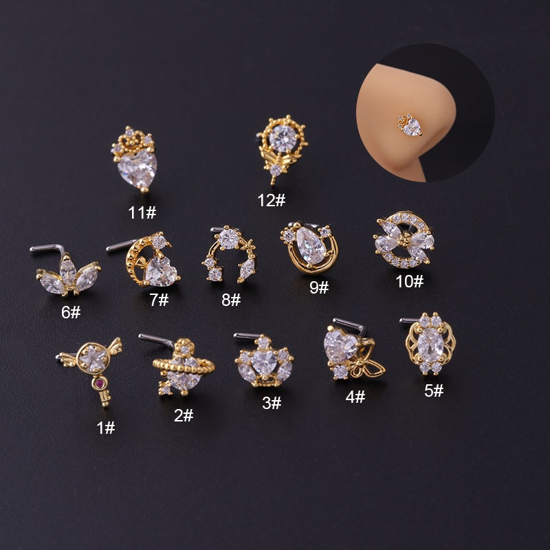 1pc Anting Tindik Hidung Bentuk L Desain Hatimahkotaplanet Bahan Stainless Steel Hias Zircon 20Gauge