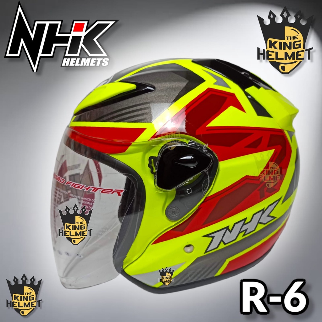 HELM NHK R6 MOTIF STARCO YELLOW FLUO SILVER SINGLE VISOR HALF FACE SNI