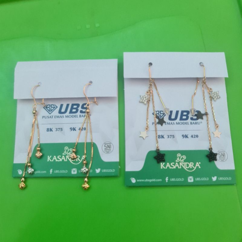 Anting panjang juntai 3 warna dan star bintang mata hitam putih UBS kadar 375 8K