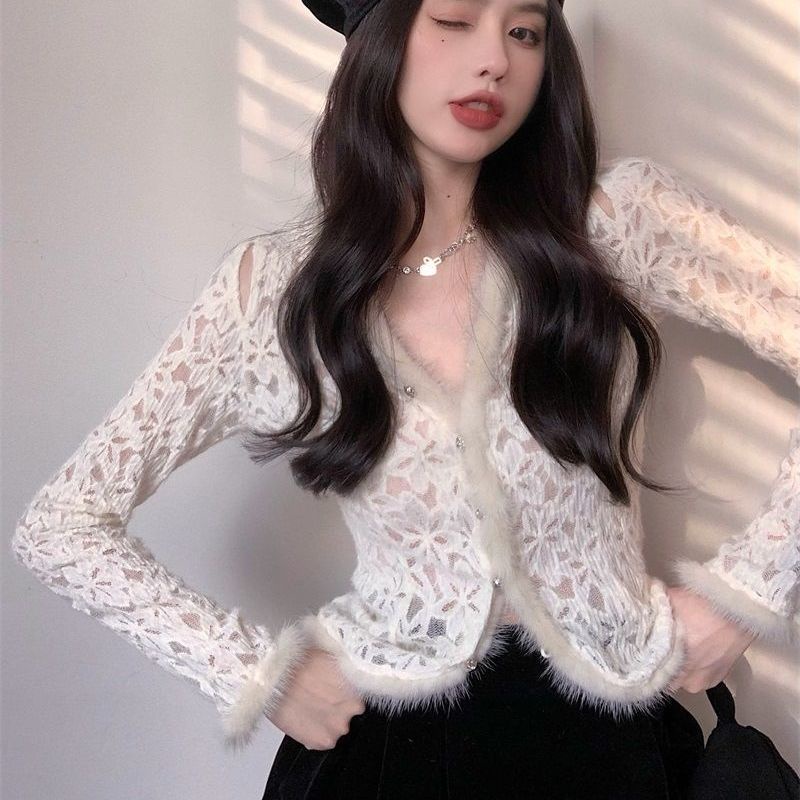 atasan renda import lace shirt women s winter warna solid lengan panjang pure want sexy furry hollow