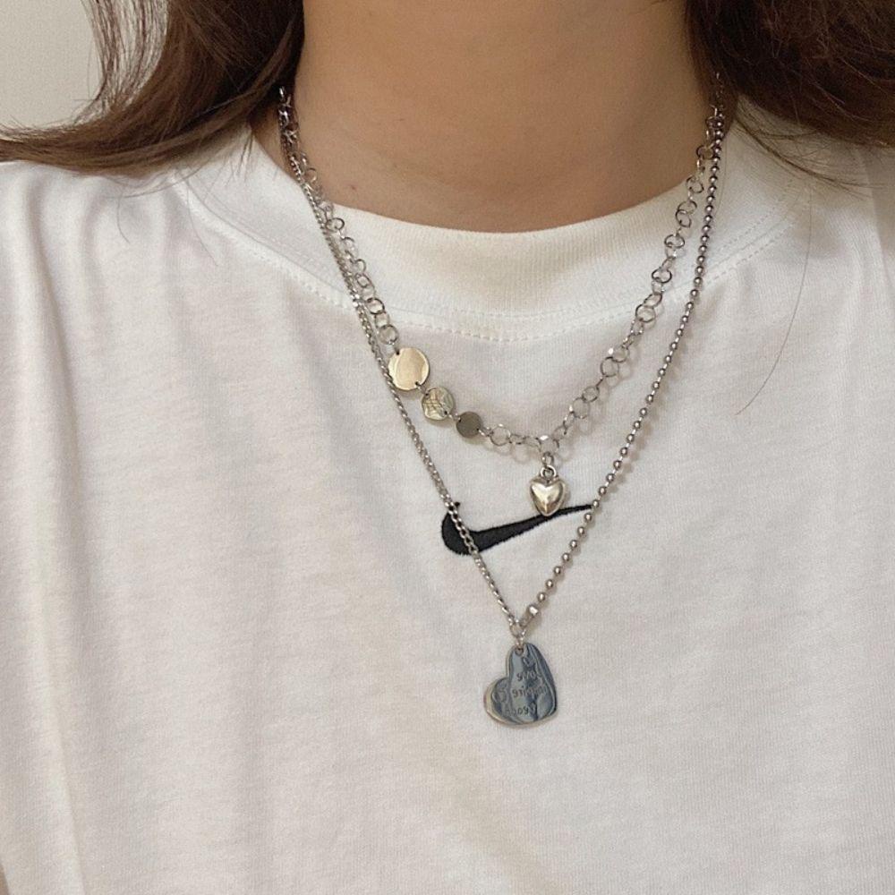 NEEDWAY Kalung Hati Lapis Ganda Vintage Desain Mewah Ringan Rasa Huruf Jahitan Temperamen Hadiah Untuk Wanitanya Choker