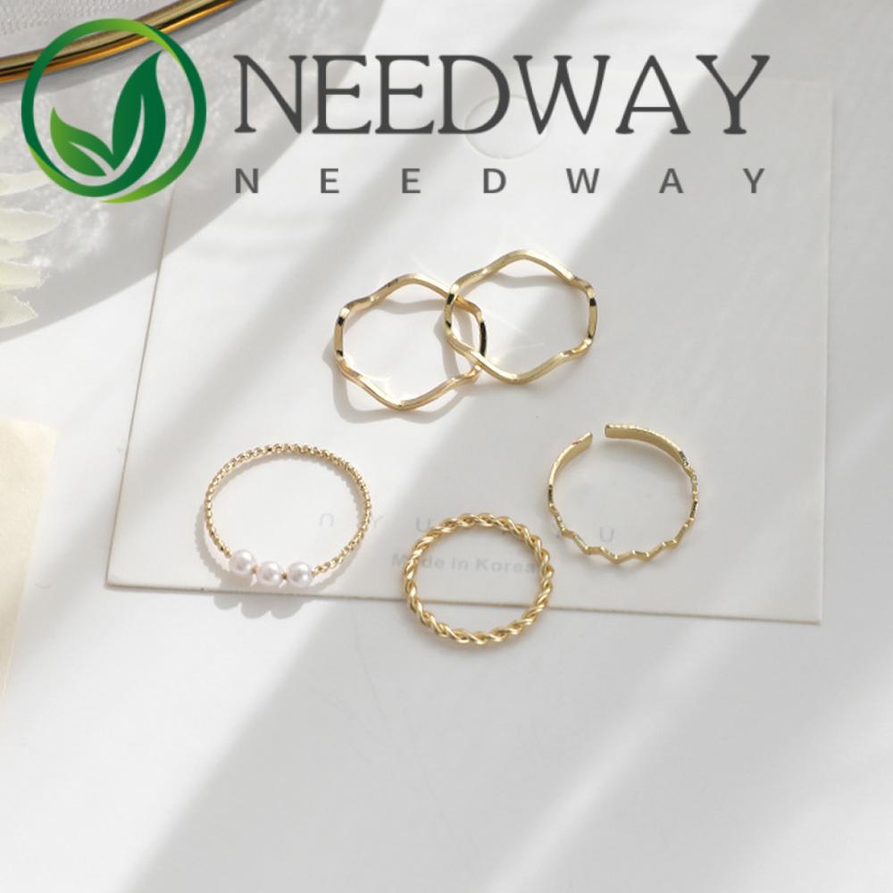 Needway  Parties Wedding Ring Gold Wavy Ring Rings Set Pearl Minimalist Round Personality Geometric Ladies Women Jewelry/Multicolor