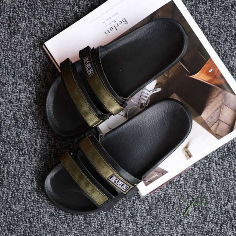 BARLIN| Sandal Slide fashion hitam/sandal pria/ Slop Pria BAYAR DI TEMPAT Sandal Slip On Pria 05