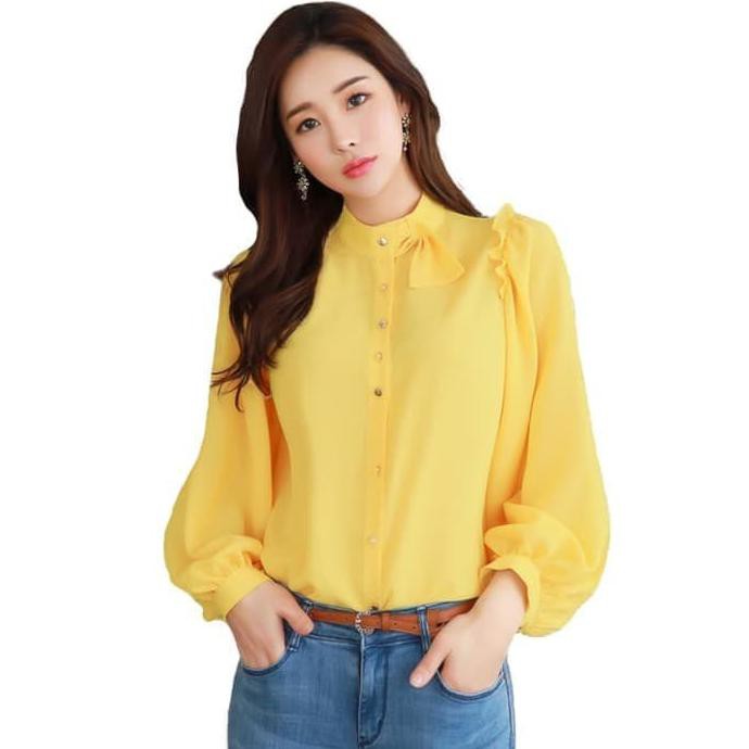 BAJU KEMEJA TANGAN PANJANG WANITA GAYA KOREA MODEL TERBARU - HEREN, KE - KUNING, M