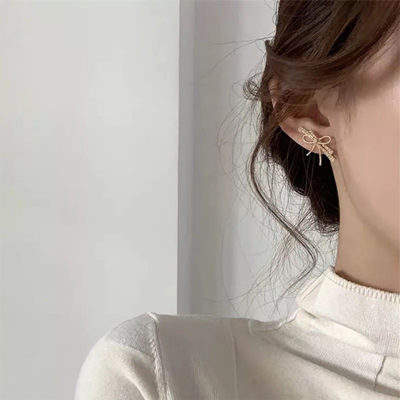 Anting Tusuk Gantung Sterling Silver 925 Desain Pita Hias Zircon Gaya Korea Untuk Wanita