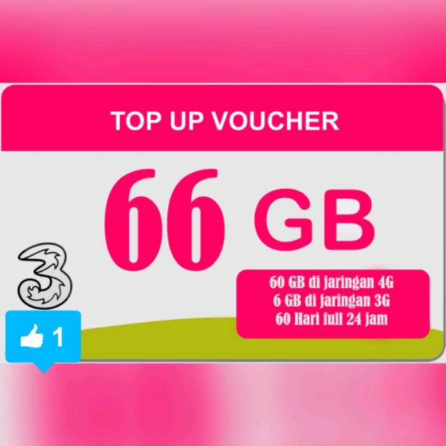 VOUCHER TRI 66GB LTE FULL KUOTA 24JAM 60 HARI
