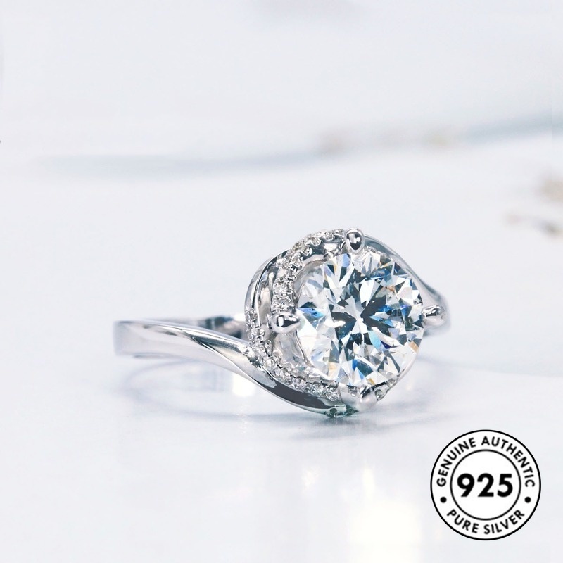 Cincin Sterling Silver 925 Simple Elegan Dengan Berlian Imitasi Untuk Wanita