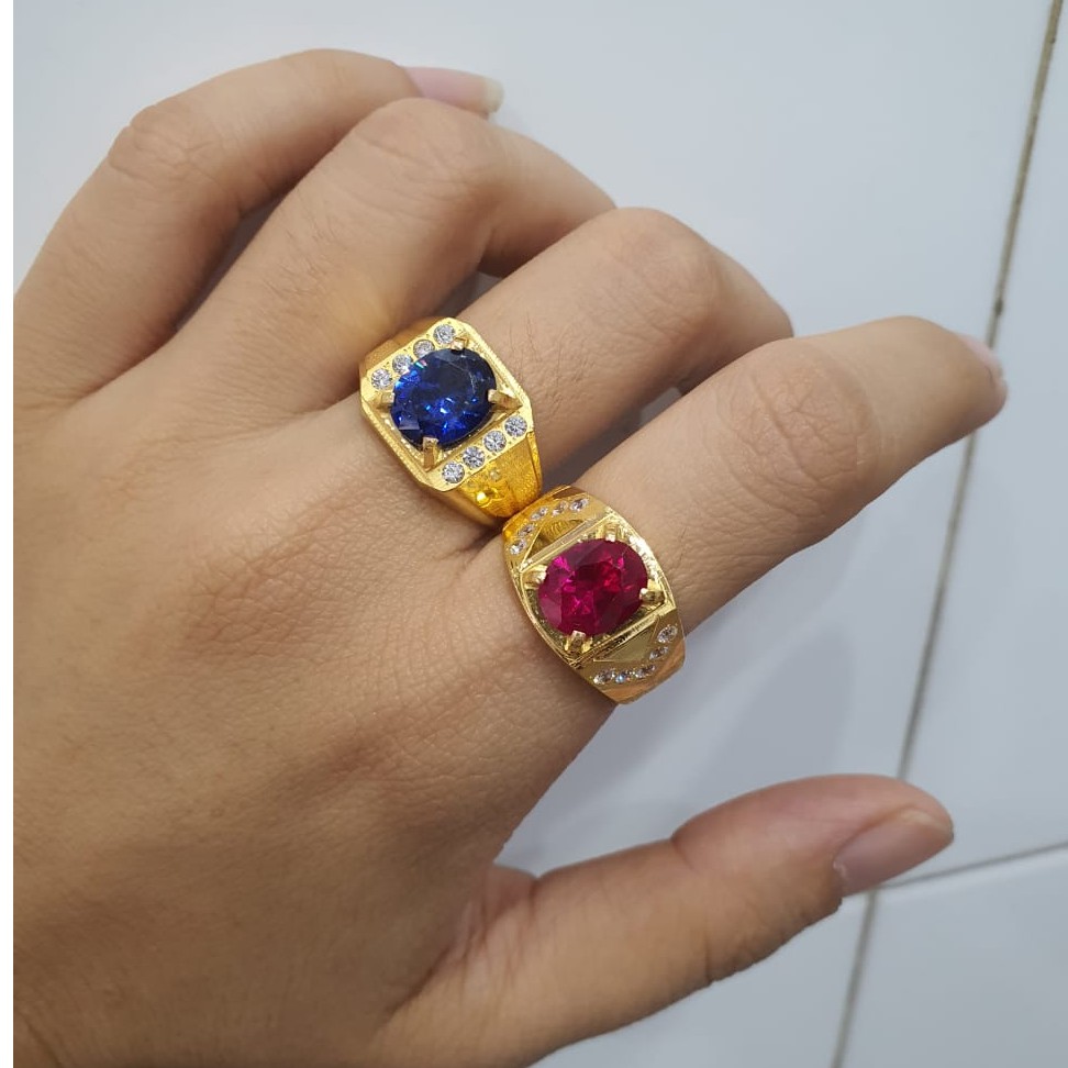 Cincin Pria Permata Warna Hand Made Elegant Emas Asli