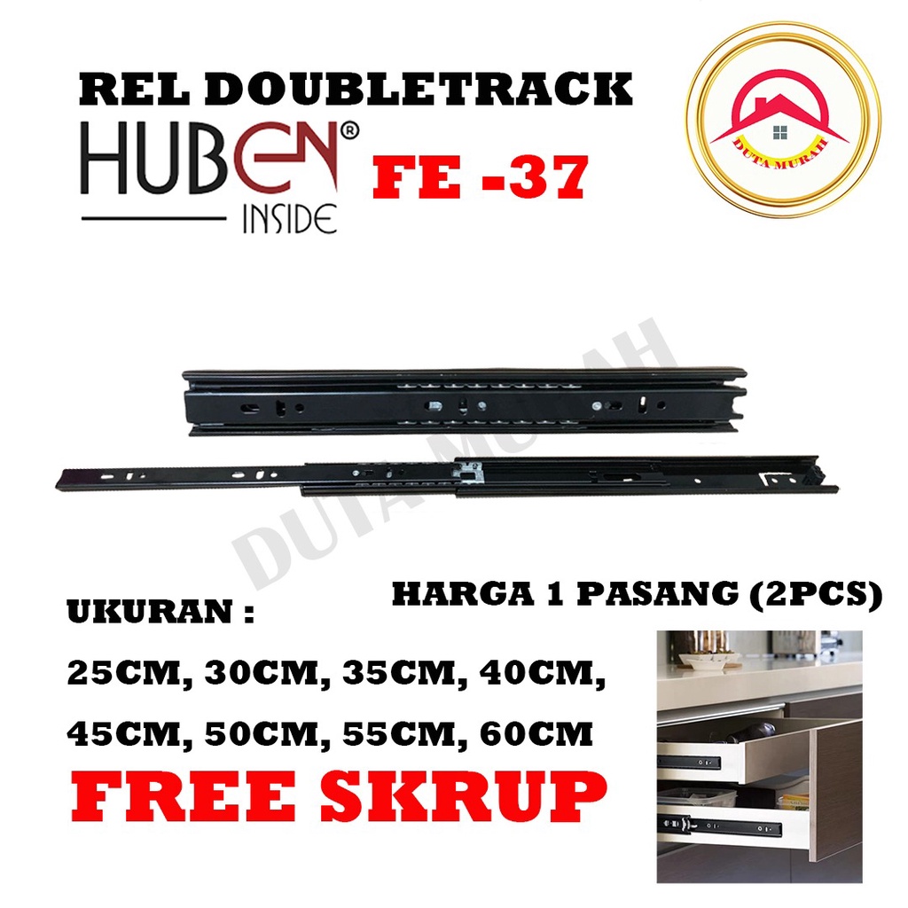 Rel Laci HUBEN Double Tarik 2x Full Extension FE 37 mm 25  (Free Sekrup) Ball Bearing Full Extension Double Track