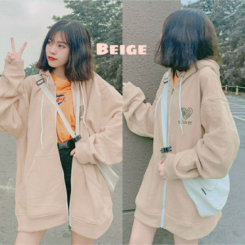 S - XXXXXL(6XL) ZIP Hoodie LOVE BIGSIZE Jaket Sleting Saranghae Harajuku Heart OVERSIZE Pria Wanita 5XL 4XL 3XL 2XL XL L M Jaketin aja-Beige