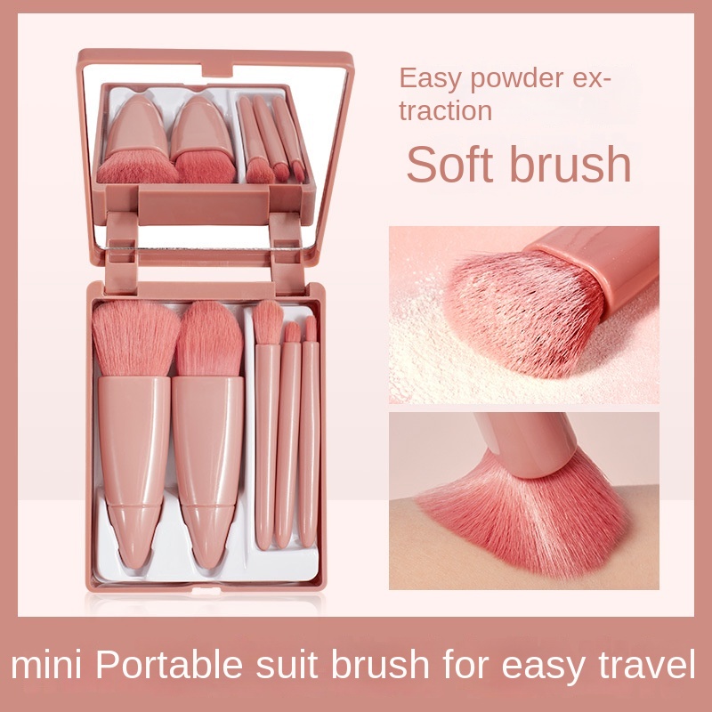 5pcs / Set Brush Blush On / Bedak / Foundation / Eyeshadow / Blush On / Alis / Bibir + Cermin + Tas Pouch