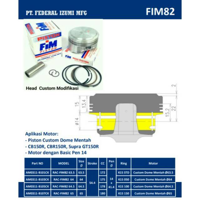 Piston Kit FIM CB150 CBR150 SupraGT 150R NMAX KLX CRF150 Pen Pin 14 Uk 63.5 64 64.5 65 Dome Mentah-1