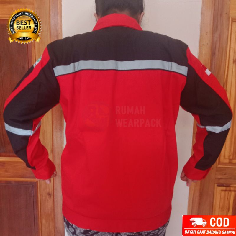 Baju Kerja/ Wearpack Proyek/ Seragam Kerja Atasan Warna Merah Hitam