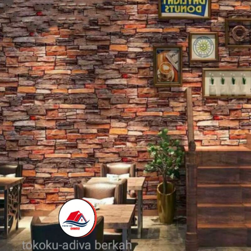 Wallpaper Dinding Motif Batu Bata 3d Kombinasi Warna Merah Abu-abu Coklat Tua Coklat Muda Natural Co