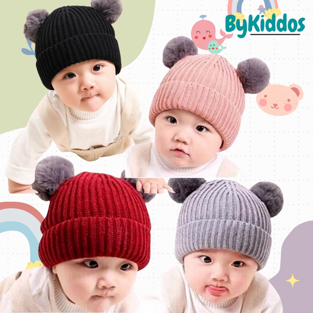 ByKiddos - Topi Rajut Anak Pompom / Topi Rajut Bayi Pompom / Topi Kupluk Pompom Anak / Topi Kupluk Pompom Bay