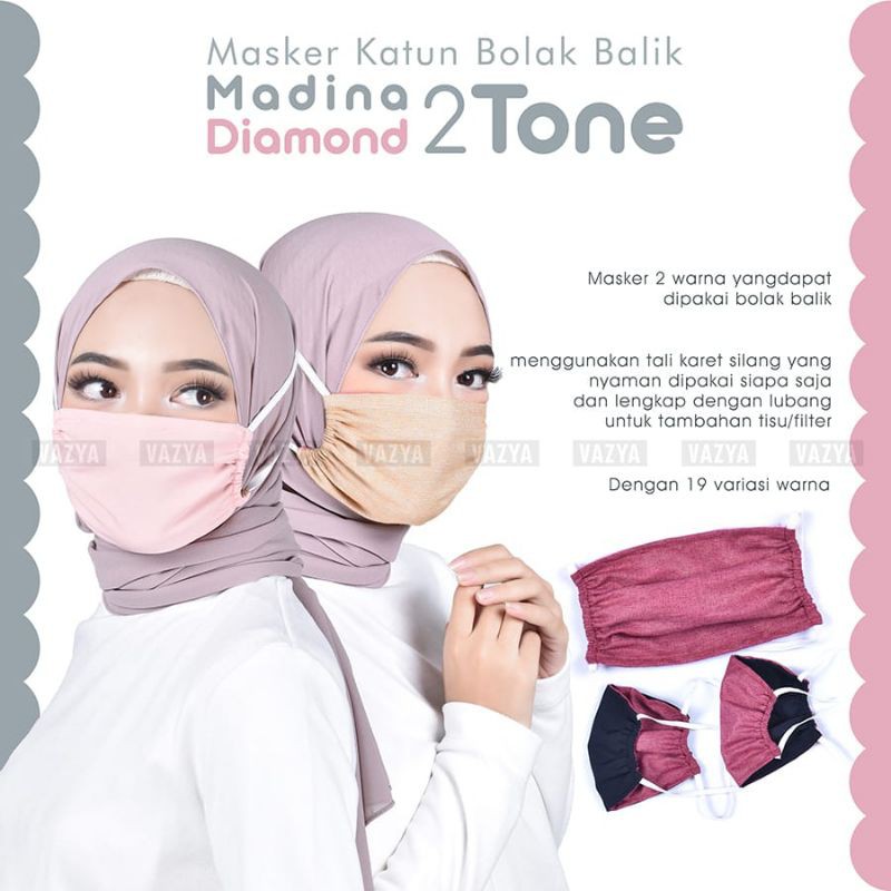 Masker Kain Bolak Balik Katun Madina 2tone 3ply