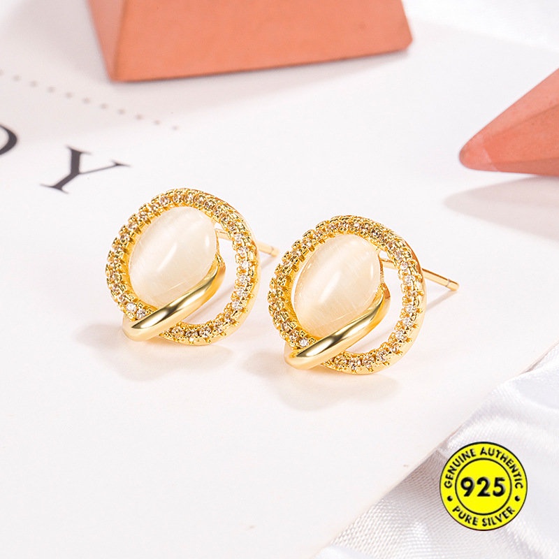 Anting Tusuk Batu Opal Berlian 18K Mewah Ringan Untuk Wanita U942