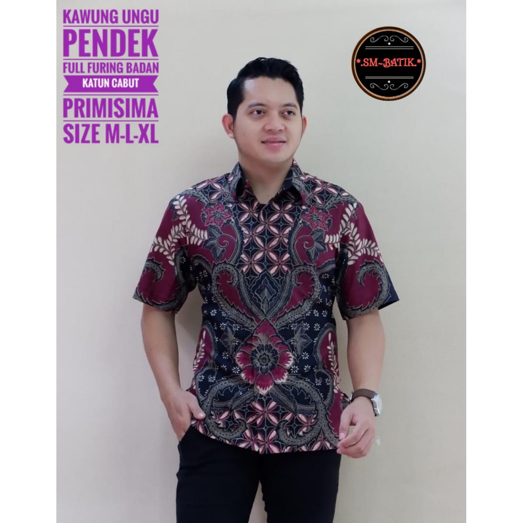 Batik KAWUNG dasaran UNGU Lengan Pendek Lapis Furing Halus / masbatiksolo