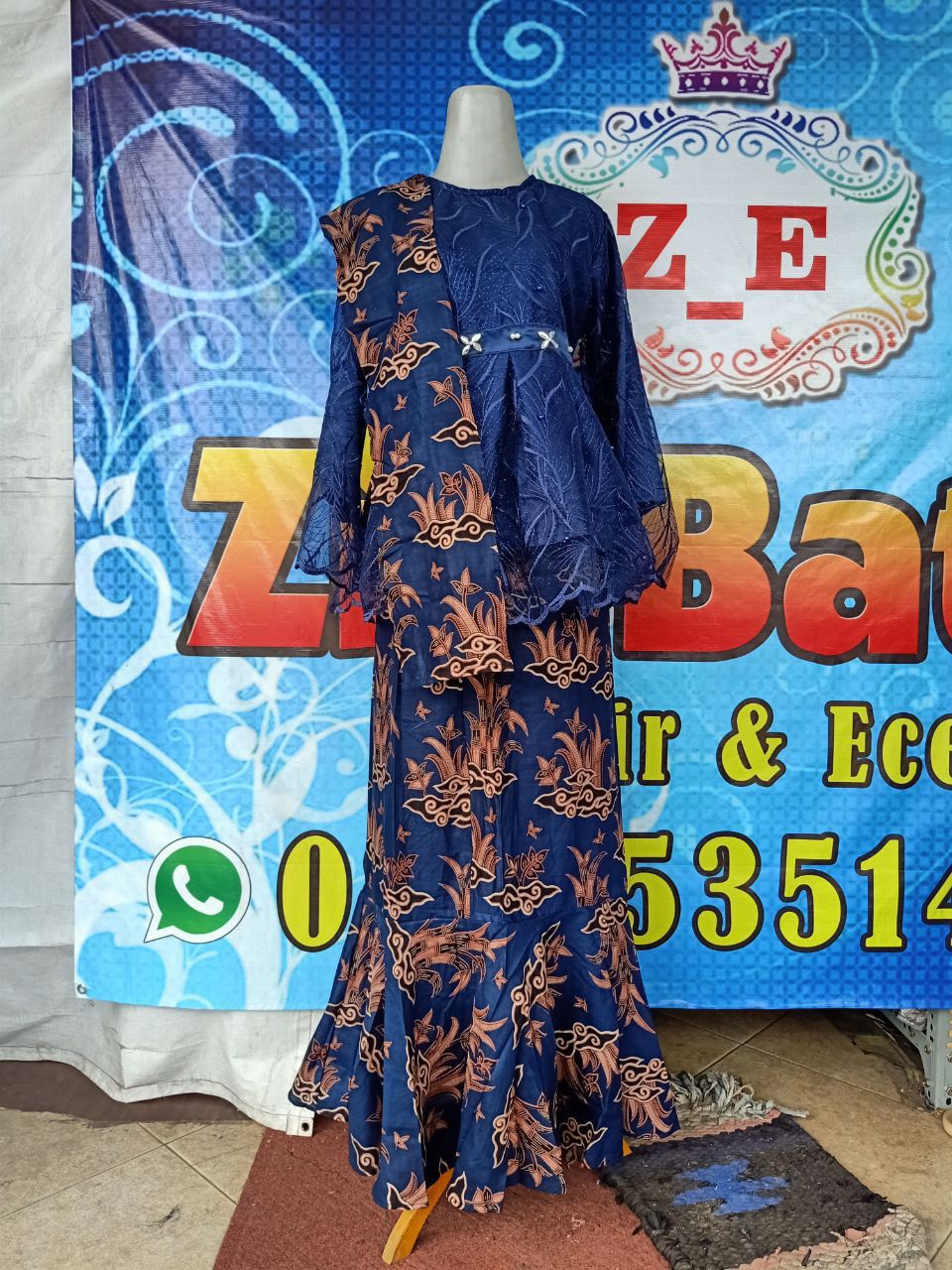 Couple Batik Roro Navy Cream • Set Kebaya Free Selendang • Couple Modern Brukat