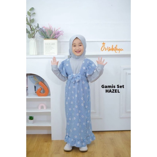 Gamis Anak Hazel 2-8th Set Overall+Hijab+Manset Free Bando Hiasan Hijab