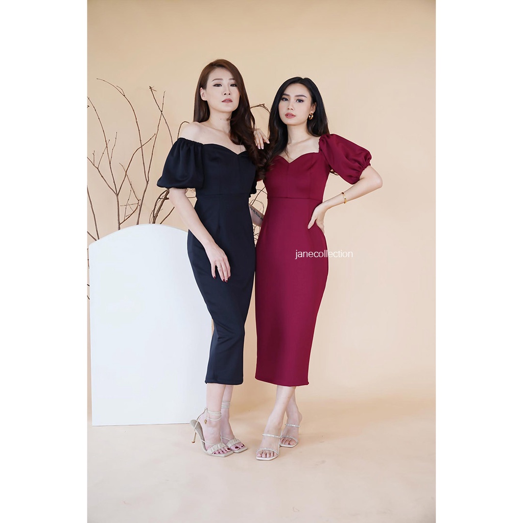 JANE COLLECTION || Maxi Bodycon Dress Pesta Lengan Balon Sweetheart Neck Sabrina Body Con Party Prime Scuba Hitam Maroon Putih Hijau Emerald Dress Bettsy