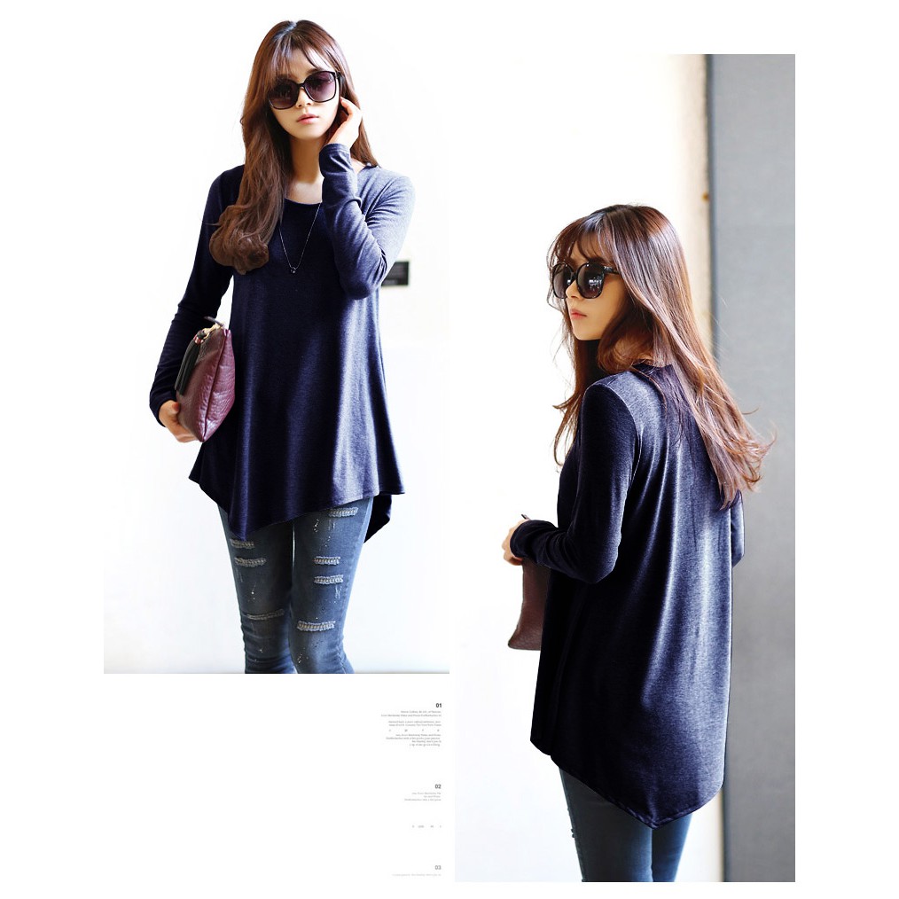KARAKOREA PinUp Unbalanced Tee Baju Atasan Wanita Lengan panjang-PU BIG/Navy