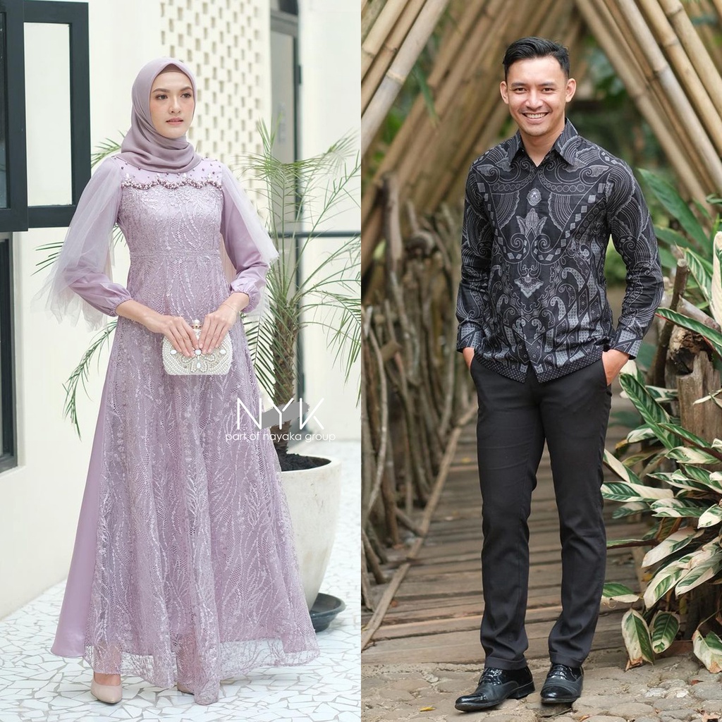 [READY STOCK] BAJU COUPLE PASANGAN - MAXI COUPLE RADIKA - COUPLE GAMIS PESTA KEKINIAN - DRESS BROKAT TULLE - COUPLE GAMIS MUSLIM LENGAN PANJANG