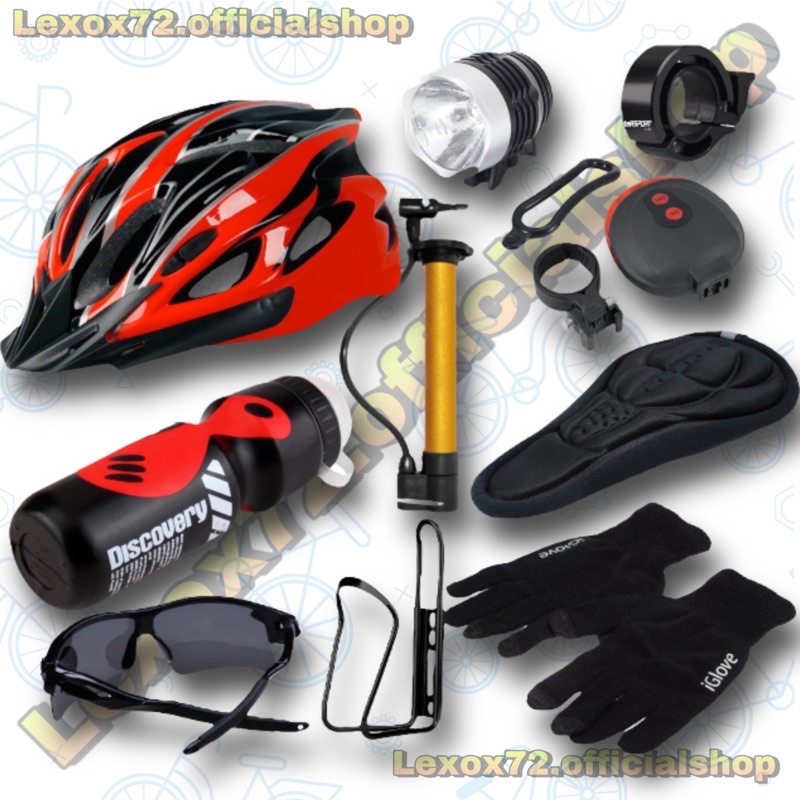 Paket Bersepeda lengkap _ Helm Sepeda MTB original taffsport + aksesoris sepeda (isi 10pcs barang)