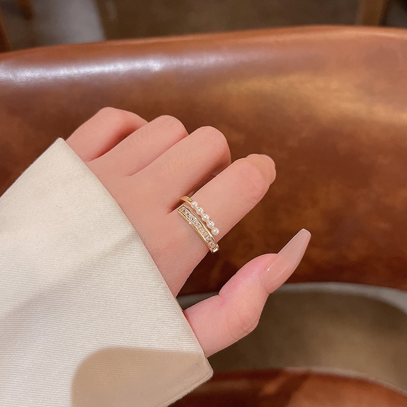 Cincin Jari Telunjuk Lapis Ganda Aksen Mutiara Zirkon Untuk Wanita