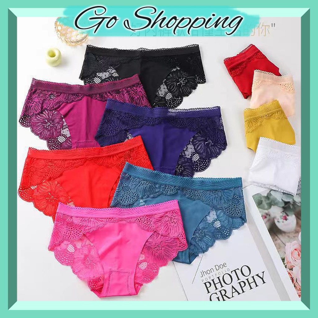 GO! CD453  CD Celana Dalam Wanita Seamless  Motif Bunga Polos Renda Undies Polyster Import