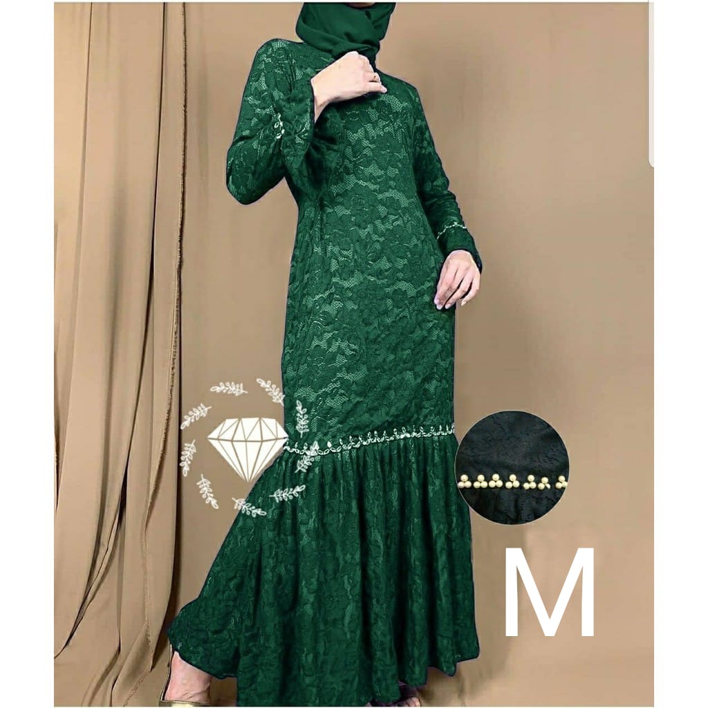 PCS MAXY NURHALIZA DUYUNG MUTIARA BRUKAT FASHION PAKAIAN WANITA DRESS GAMIS MAXI 5 UKURAN M L XL XXL 3XL MS ADA VIDEO REVIEW ASLI PRODUK-Hijau M