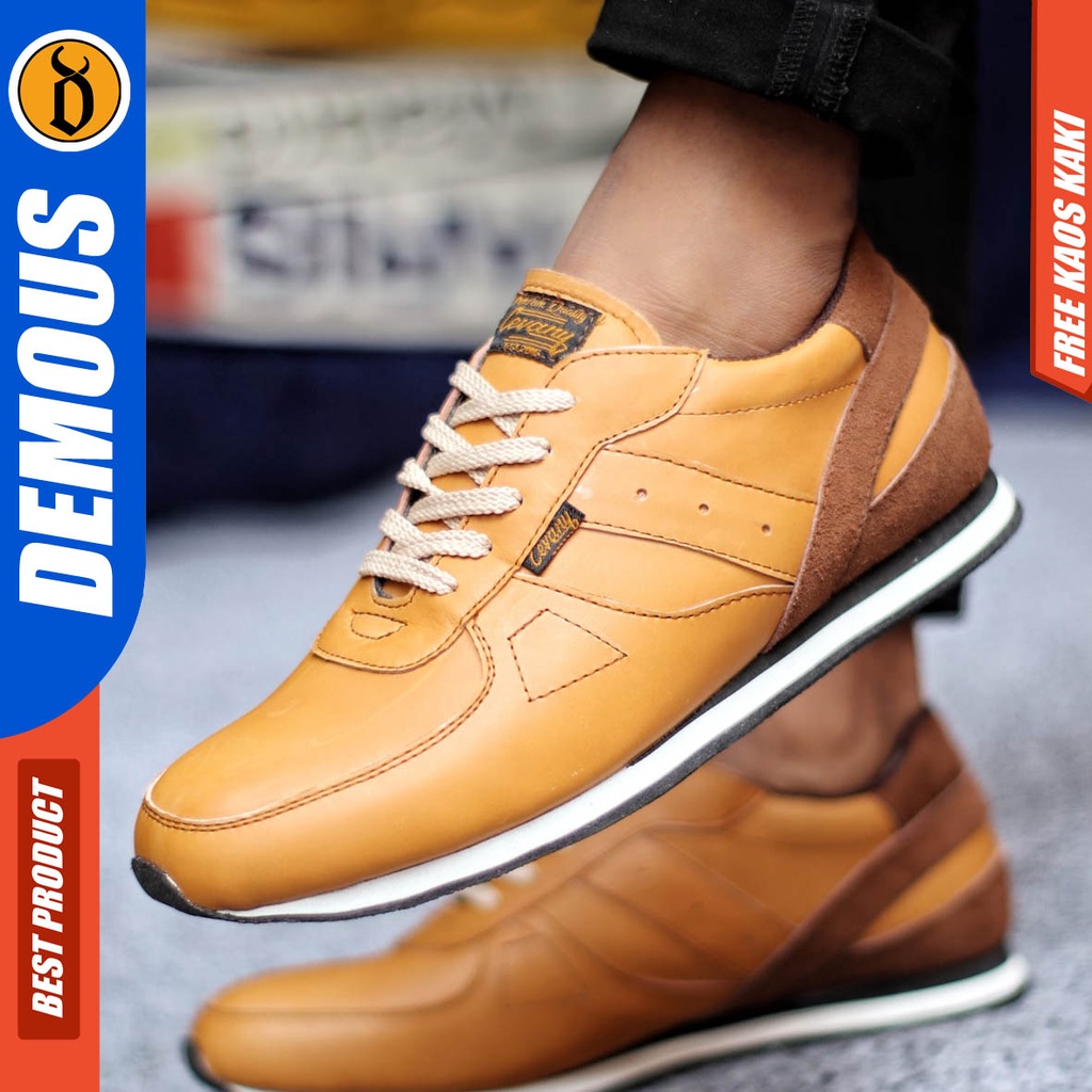 Sepatu Sneakers Pria Kasual Kulit Asli Sporty Kerja Hitam Putih Demous Jellal