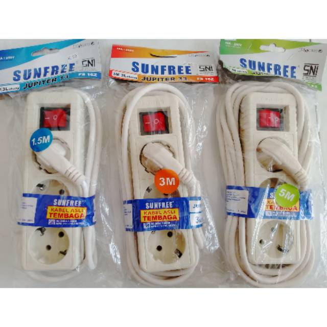 Cok Sambung / Kabel Sambung Sunfree / Pioline  3 Lubang Stop + Switch