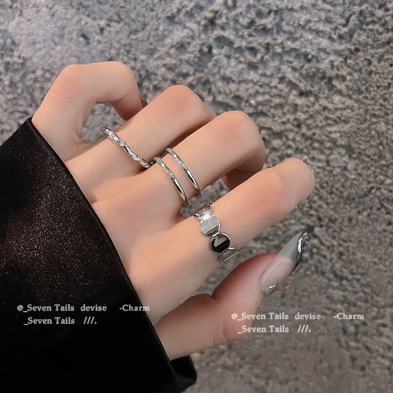 YEEZII 6Pcs/Set Retro Heart Ring Set Silver Hollow Butterfly Rings Black Gem Checkerboard Ring for Women Accessories Jewelry