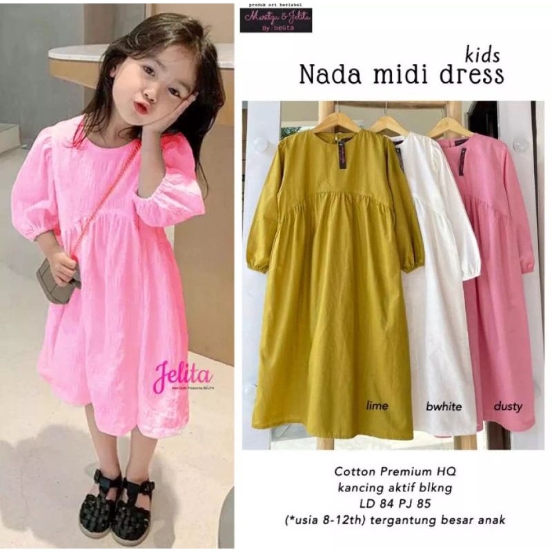 gamis midi anak/nada midi dress anak 4-12 tahun /midi dress anak rayon premium