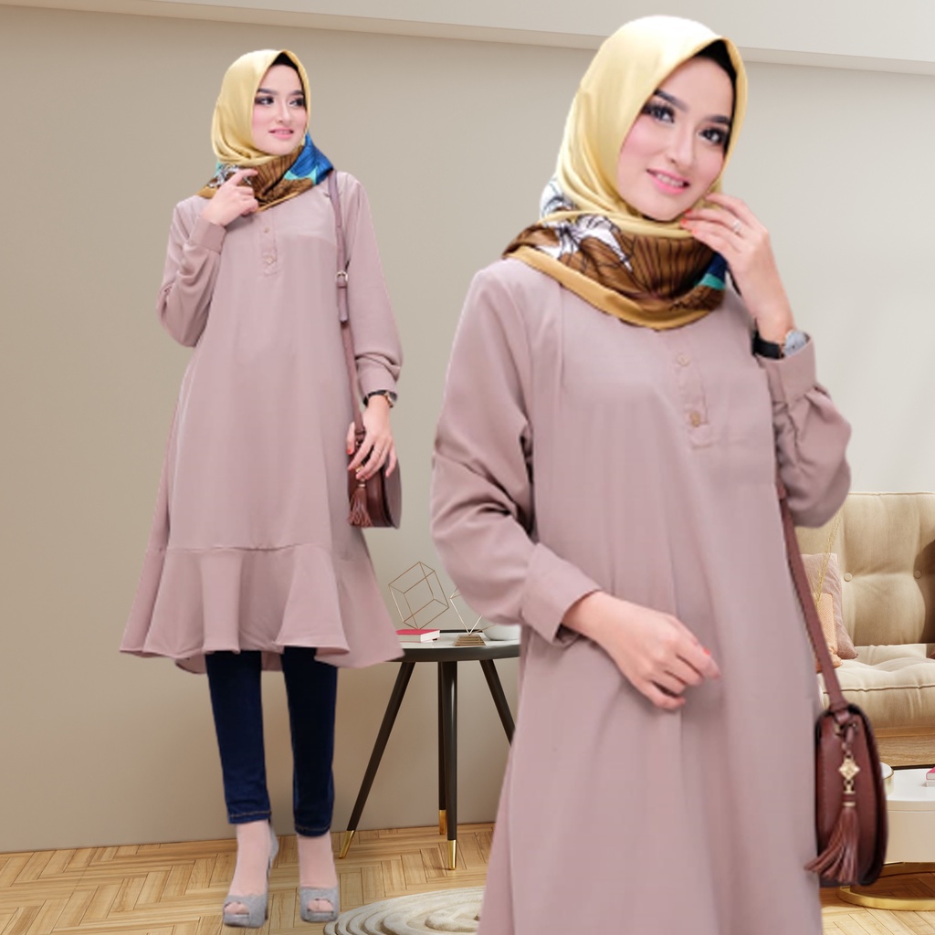 Baju Tunik atasan muslim VIOLA TUNIK Polos Kancing tali kerut warna linen madina lengan panjang