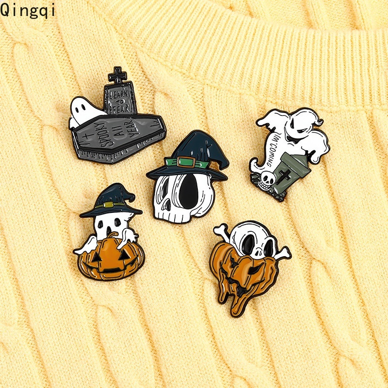 Halloween Enamel Bros Tengkorak Labu Hantu Bros Pin Pakaian Kerah Pin Gotik Lencana Perhiasan Hadiah Untuk Teman