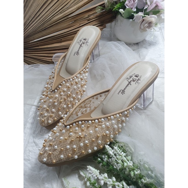 sepatu yasmika Nude brukat cream mate gold 7cm