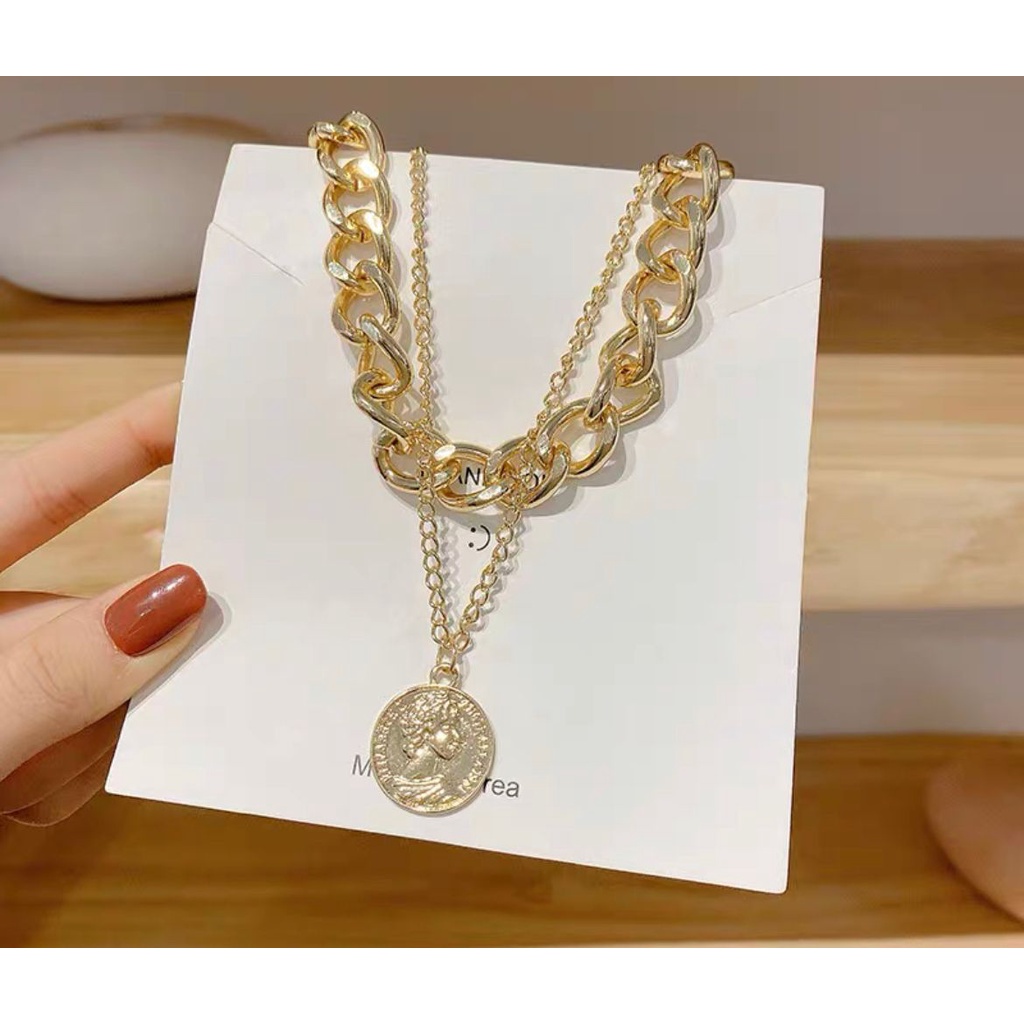 KALUNG RANTAI CHOCKER GAYA FASHION KOREA HIP HOP TITANIUM WARNA GOLD ROSEGOLD SILVER IMPOR COIN LADY