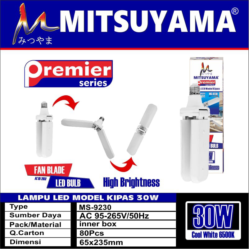 Bohlam Lampu LED Mitsuyama Model Kipas 2 Baling 30 W MS-9230 Cool White 6500k Fan Blade Bulb Premier