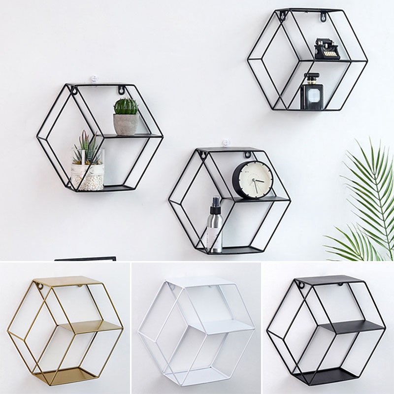 Hexagon Geometris Kerajinan  Besi  Dinding Rak Rak Dekorasi 