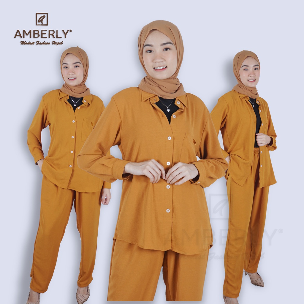 Amberly Setcel Crincle Setelan Celana Wanita Kerah kemeja bahan Crincle Airflow