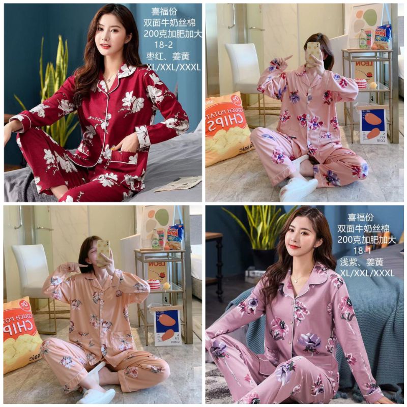 BAJU TIDUR PIYAMA WANITA IMPORT STELAN PANJANG KANCING