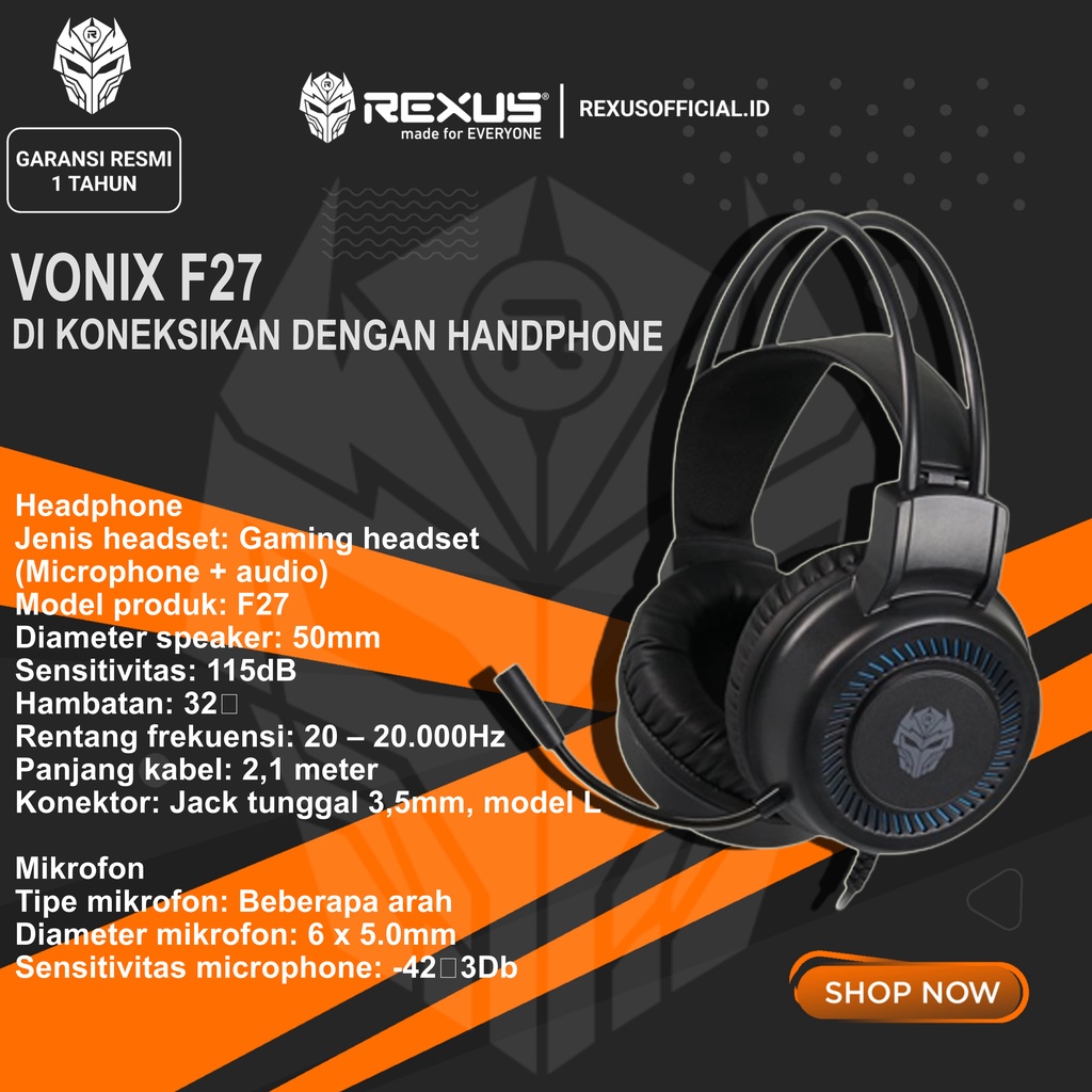 Headset gaming hp hanset gaming Headphone gaming original Rexus Headset Gaming Vonix F27 / F-27