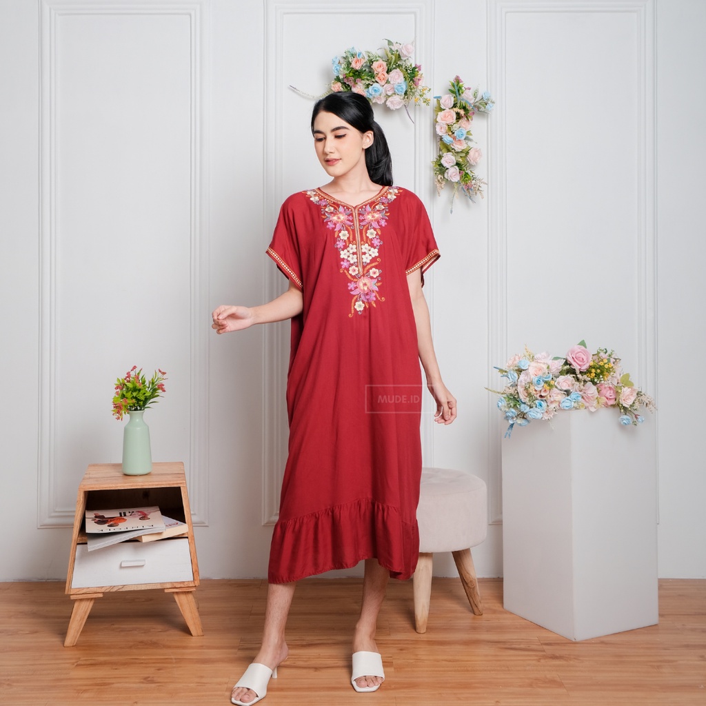 Daster Bordir Matahari Ruffle Viral Kekinian Rayon Premium | MIDI HOME DRESS