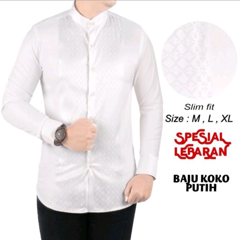 BAJU KOKO PRIA SLIM FIT KEMEJA KOKO PRIA LENGAN PANJANG PUTIH CLK41