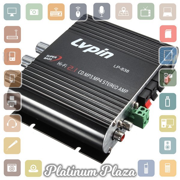 LVPIN Mini HiFi Stereo Amplifier Treble Bass Booster 12V 200W - LP-838 - Black`2QEELH-