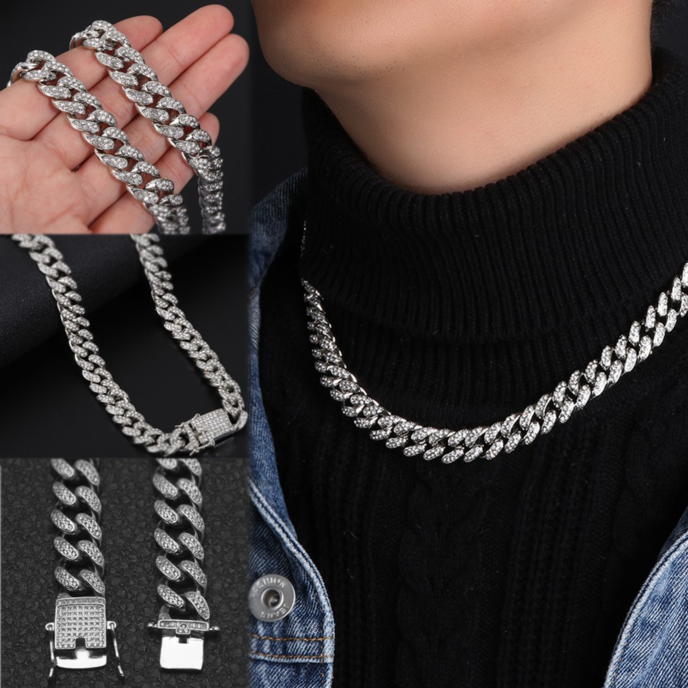 Kalung Rantai Berlian Imitasi Model Lebar 12mm Gaya Hip Hop Untuk Pria Dan Wanita