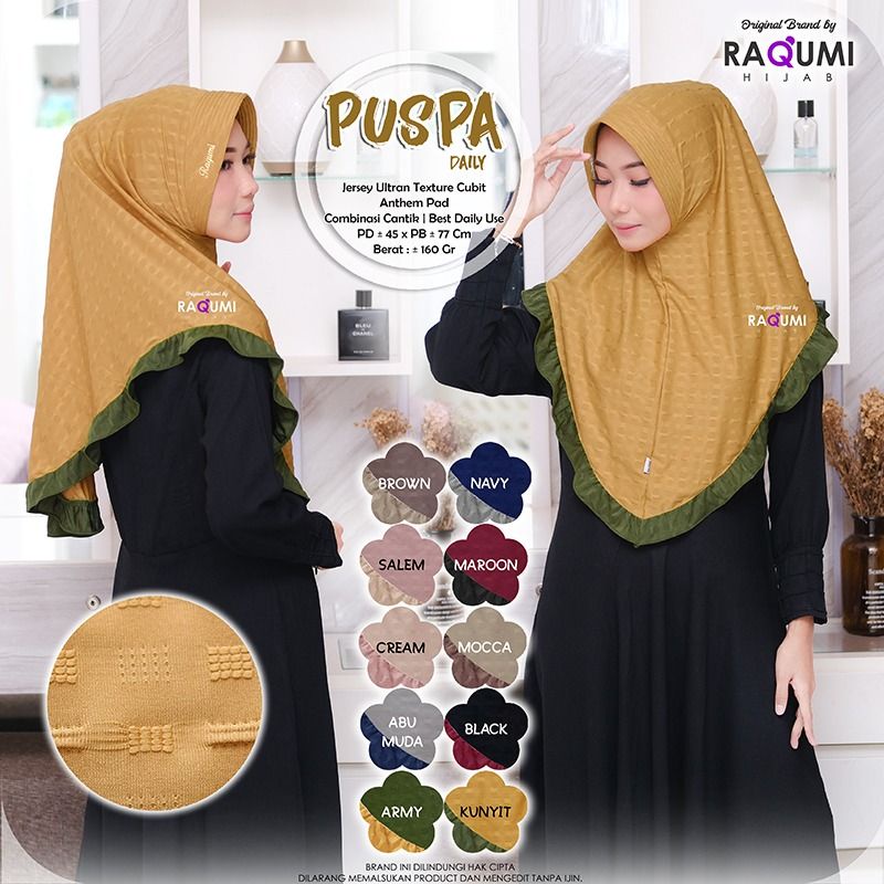 PUSPA DAILY ORIGINAL RAQUMI HIJAB | JILBAB JERSEY RAQUMI | JILBAB KUNYIT | JILBAB RENDA