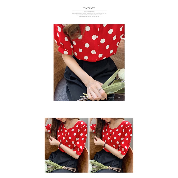 #Sisjuly# Wanita musim panas baru retro gaya barat polka dot kemeja sifon atasan lengan pendek wanit